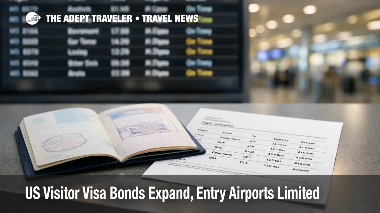 US visitor visa bond requirement shown by passport and airport arrivals board, highlighting limited entry airports