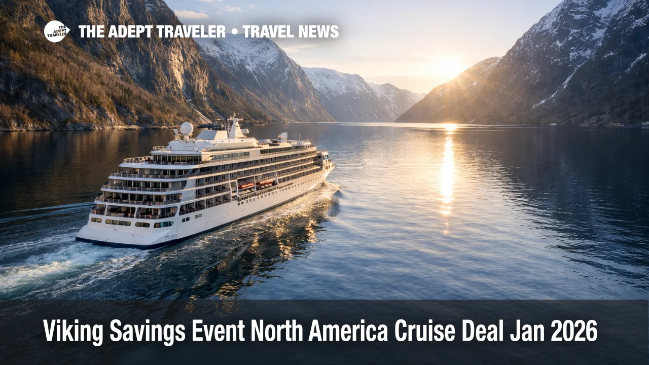 Viking Savings Event cruise deal, a small ship sailing a fjord, signaling discounted 2026 to 2028 voyages