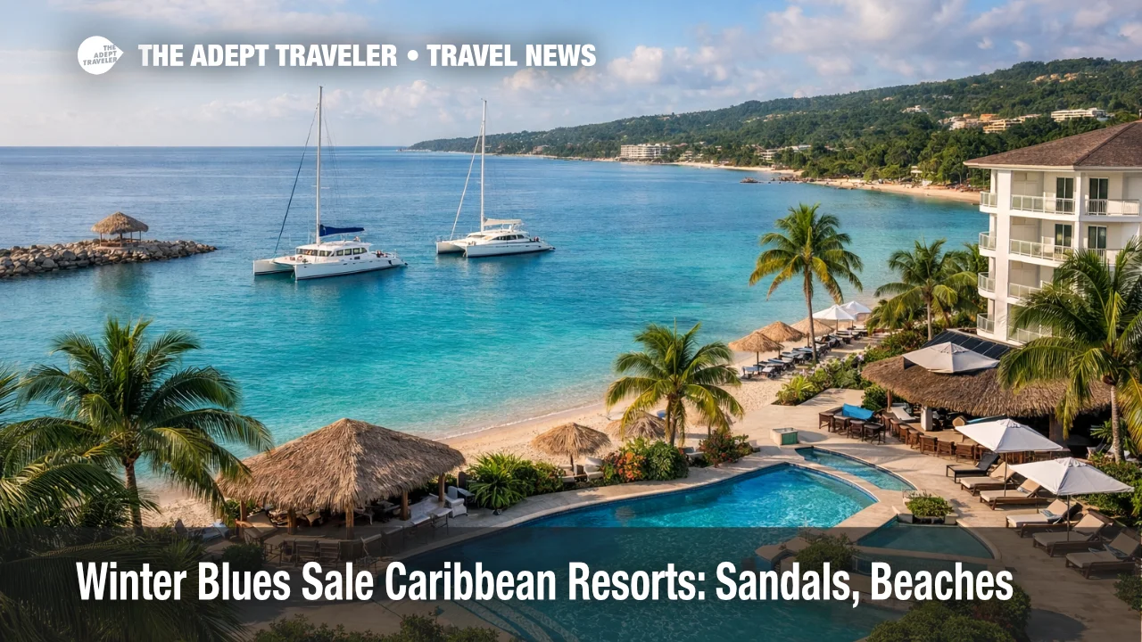 Winter Blues Sale Caribbean resorts shown by Ocho Rios beachfront hotel, signaling Sandals and Beaches credit perks