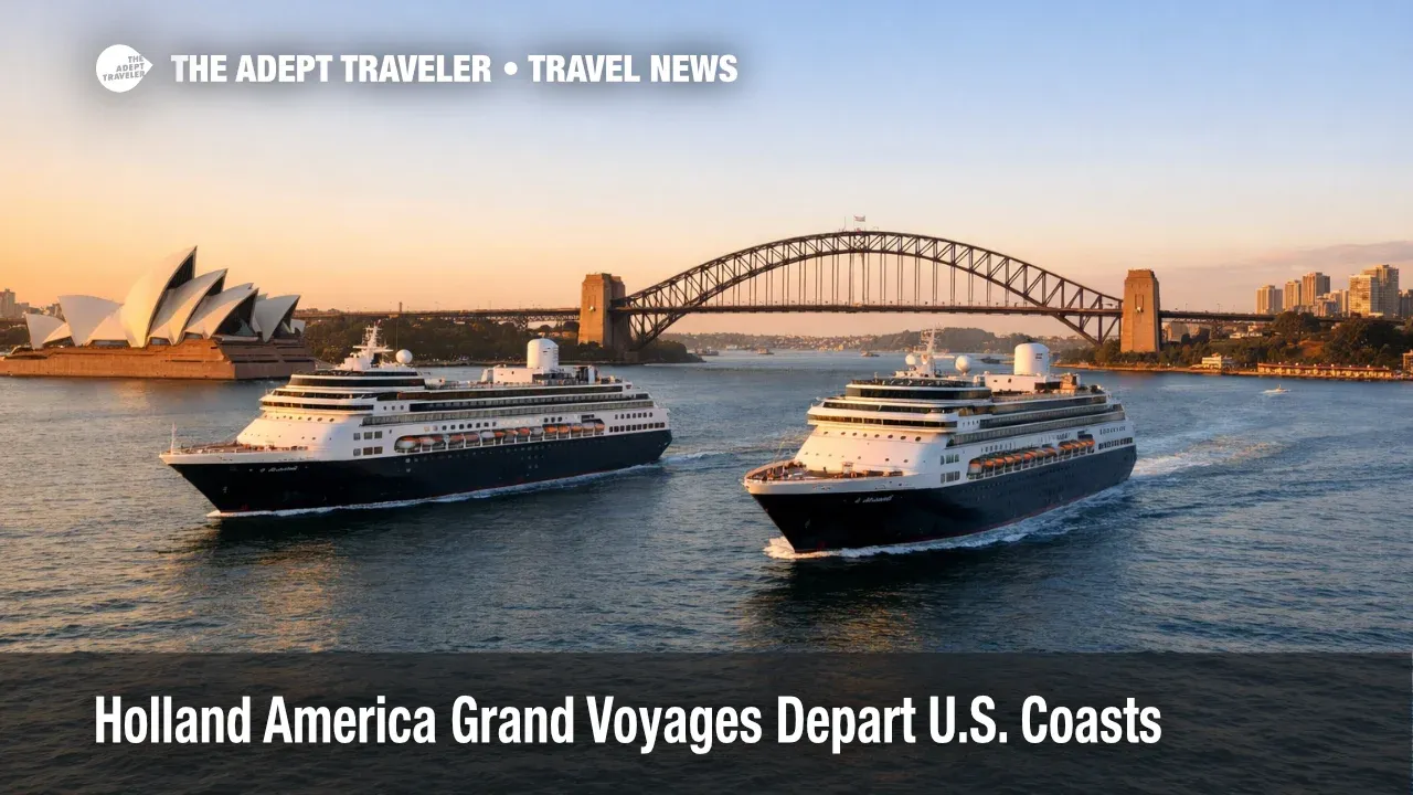 Holland America Grand Voyages 2026 meet near Sydney Harbour as two ships cruise past the Opera House and bridge