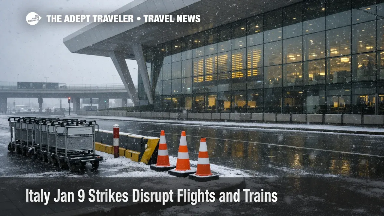 Italy January 9 strike flights and trains, snowy Milan airport terminal exterior signals delays and cancellations