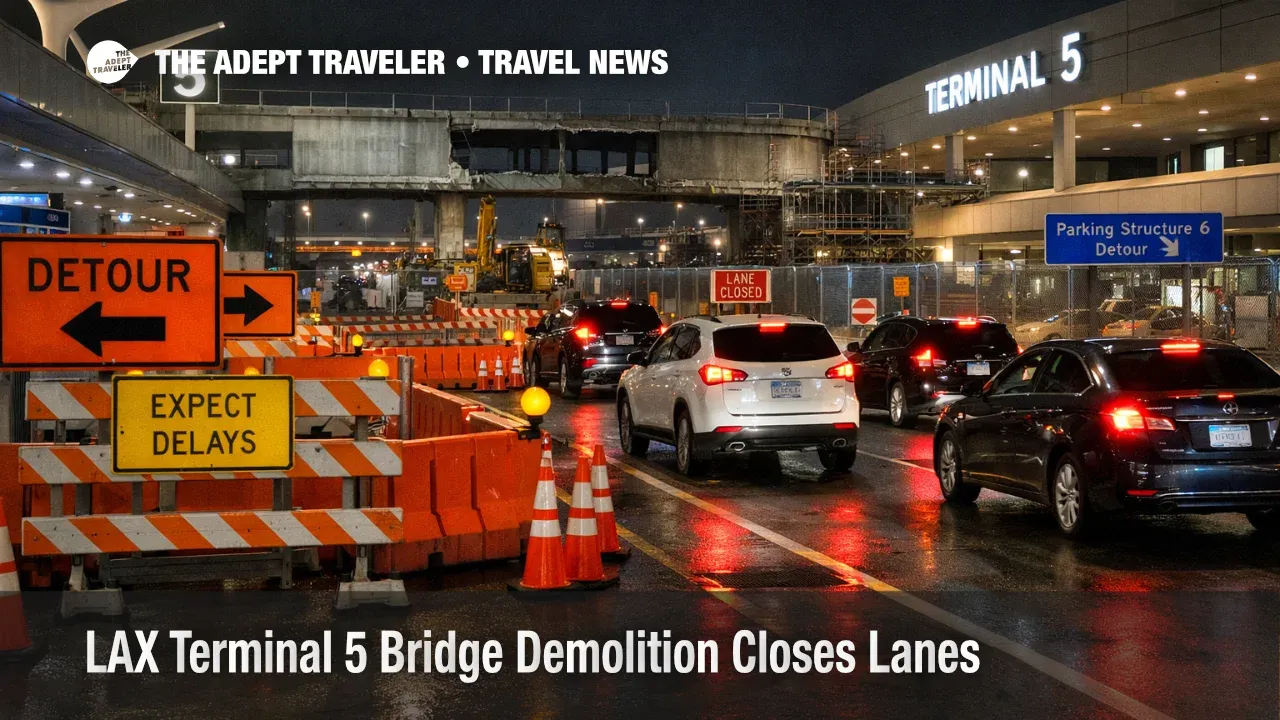 LAX Terminal 5 bridge demolition detour signs as overnight lane closures slow curbside terminal access