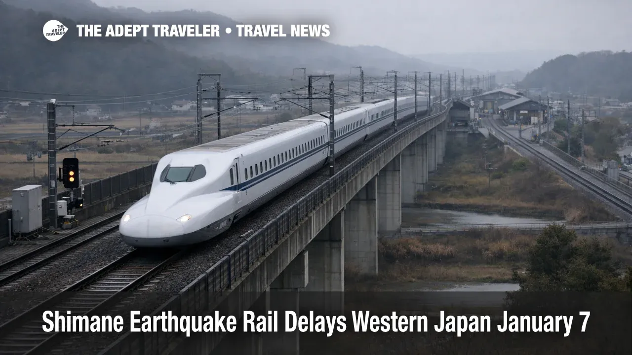 Shimane earthquake rail delays as a Sanyo Shinkansen train runs cautiously through western Japan under gray winter skies