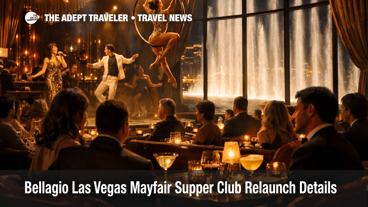 Bellagio Mayfair Supper Club relaunch, stage show and fountainside dining room view inside Bellagio in Las Vegas