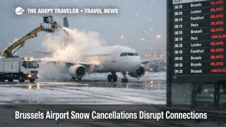 Brussels Airport snow cancellations, a jet is de iced on a snowy apron as departure boards show delays