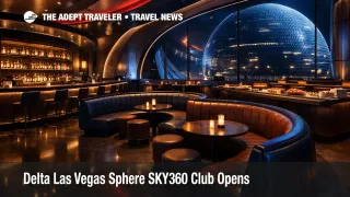 Delta SKY360 Club Las Vegas lounge inside Sphere, showing banquettes and bar for SkyMiles event access planning