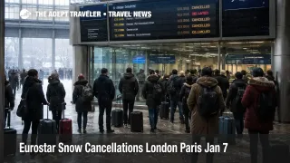 Eurostar snow cancellations London Paris, passengers check boards at St Pancras as trains are canceled in snow.