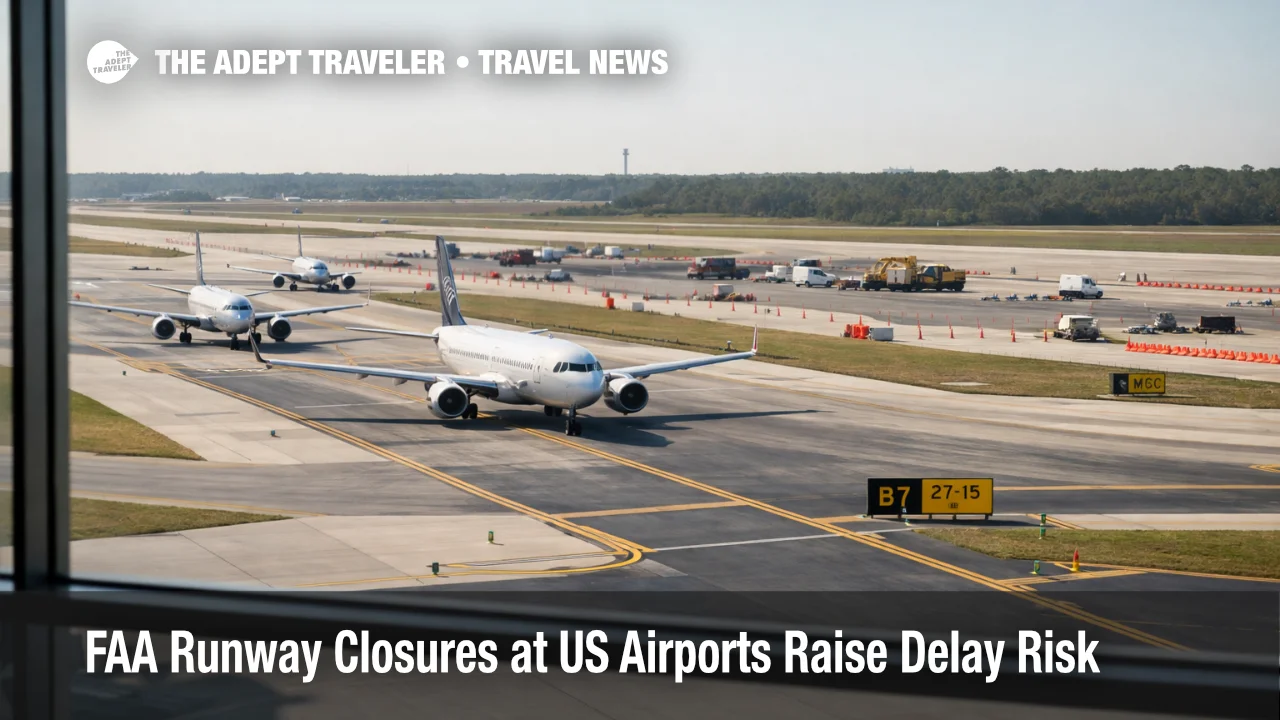 Aircraft taxi queue at Orlando International Airport as FAA runway closures US airports raise delay risk