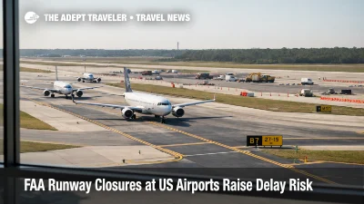 Aircraft taxi queue at Orlando International Airport as FAA runway closures US airports raise delay risk
