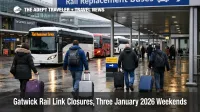 Gatwick rail link closures shown by replacement buses outside LGW station, travelers with luggage facing longer transfers
