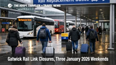 Gatwick rail link closures shown by replacement buses outside LGW station, travelers with luggage facing longer transfers