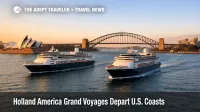 Holland America Grand Voyages 2026 meet near Sydney Harbour as two ships cruise past the Opera House and bridge