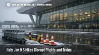 Italy January 9 strike flights and trains, snowy Milan airport terminal exterior signals delays and cancellations