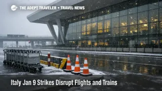 Italy January 9 strike flights and trains, snowy Milan airport terminal exterior signals delays and cancellations