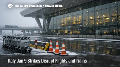 Italy January 9 strike flights and trains, snowy Milan airport terminal exterior signals delays and cancellations