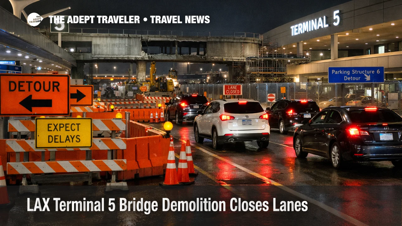 LAX Terminal 5 bridge demolition detour signs as overnight lane closures slow curbside terminal access