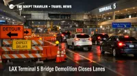 LAX Terminal 5 bridge demolition detour signs as overnight lane closures slow curbside terminal access