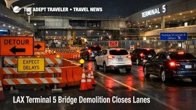 LAX Terminal 5 bridge demolition detour signs as overnight lane closures slow curbside terminal access