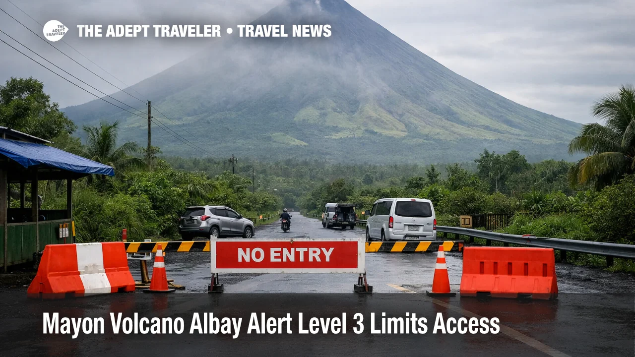 Mayon Volcano alert Albay closures shown by barricaded road and ash haze with Mayon's cone in view