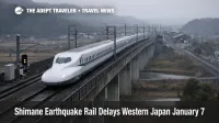 Shimane earthquake rail delays as a Sanyo Shinkansen train runs cautiously through western Japan under gray winter skies
