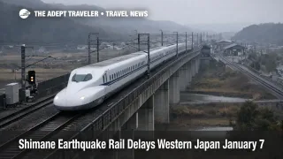 Shimane earthquake rail delays as a Sanyo Shinkansen train runs cautiously through western Japan under gray winter skies