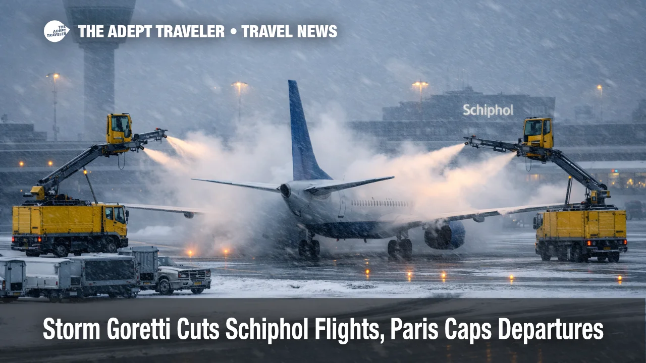 Storm Goretti Schiphol flight cuts, snow crews de ice jets at gates as travelers face mass cancellations