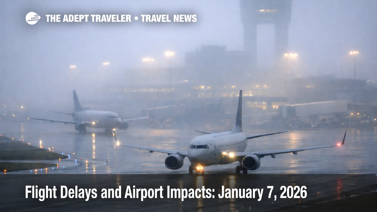 Low clouds at BOS as U.S. flight delays January 7 threaten tight connections and late day rebooking options