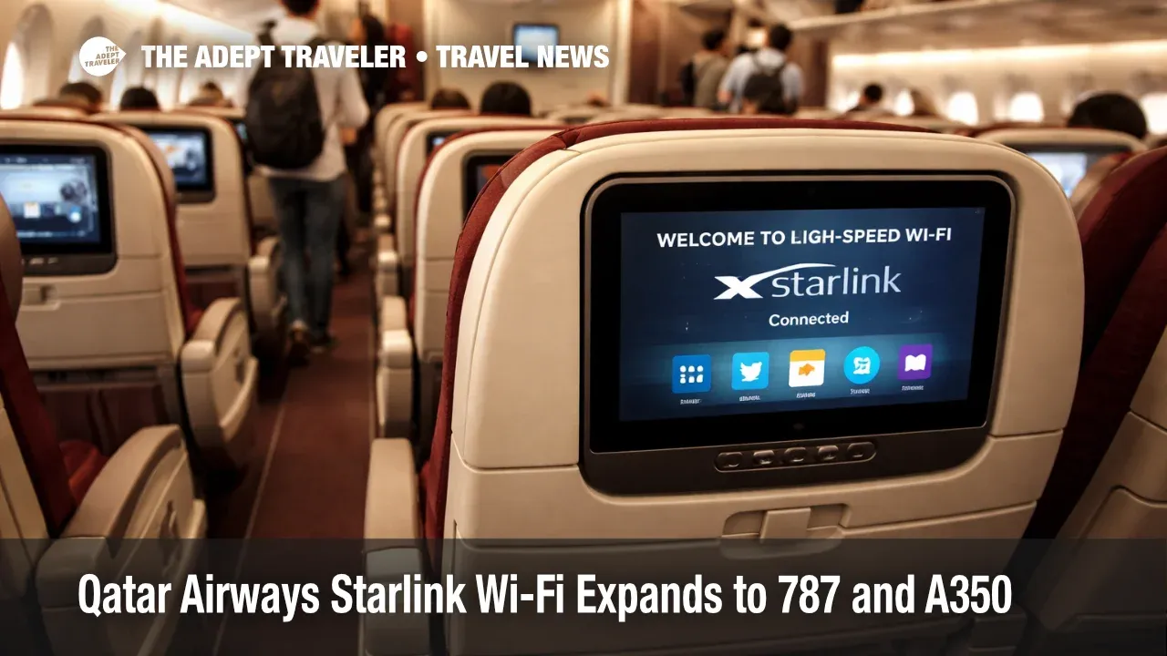Qatar Airways Starlink Wi-Fi display glows in a 787 cabin during boarding at Hamad International Airport