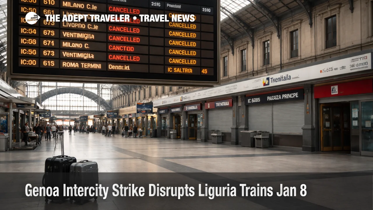 Genoa Intercity strike shown on a departure board at Genoa Piazza Principe, with Liguria Intercity trains canceled