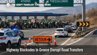 Greece farmers highway blockade forces long detours at a toll plaza, putting airport and ferry road transfers at risk