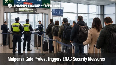Malpensa gate protest scene, queues and police near a Milan Malpensa gate as travelers try to avoid missed connections