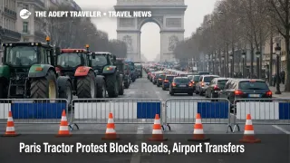 Paris tractor protest road access clogs Champs Élysées, delaying transfers to CDG, ORY, and Gare du Nord