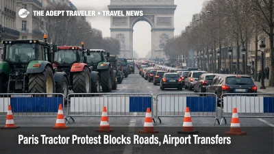 Paris tractor protest road access clogs Champs Élysées, delaying transfers to CDG, ORY, and Gare du Nord