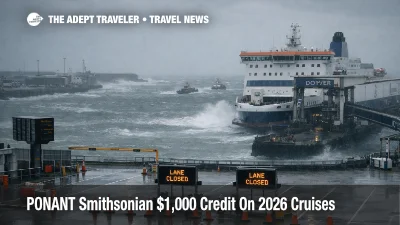 PONANT Smithsonian $1,000 shipboard credit offer, small expedition ship cruising near Osaka, Japan coastline