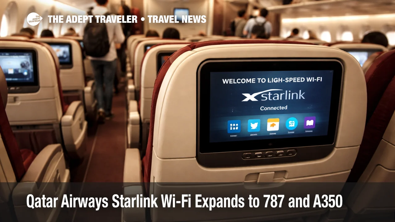 Qatar Airways Starlink Wi-Fi display glows in a 787 cabin during boarding at Hamad International Airport