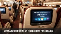 Qatar Airways Starlink Wi-Fi display glows in a 787 cabin during boarding at Hamad International Airport