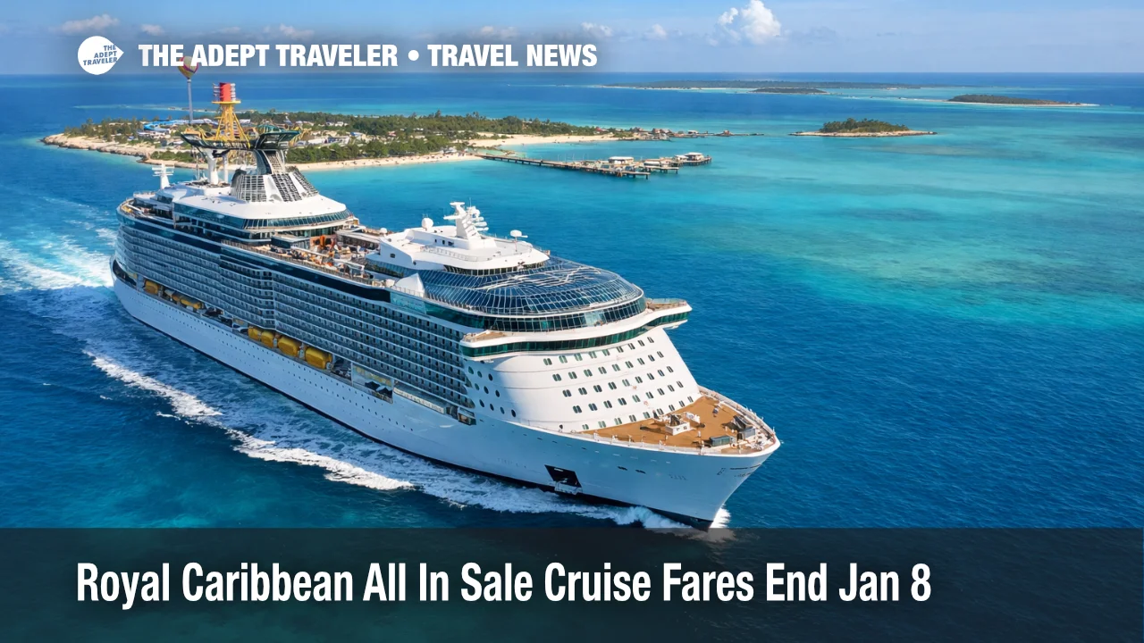 Royal Caribbean All In Sale, cruise ship sailing near CocoCay, highlighting limited time fare savings and booking urgency
