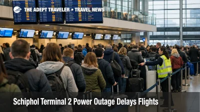 Schiphol Terminal 2 power outage leaves long check-in queues as travelers track delayed departures at AMS