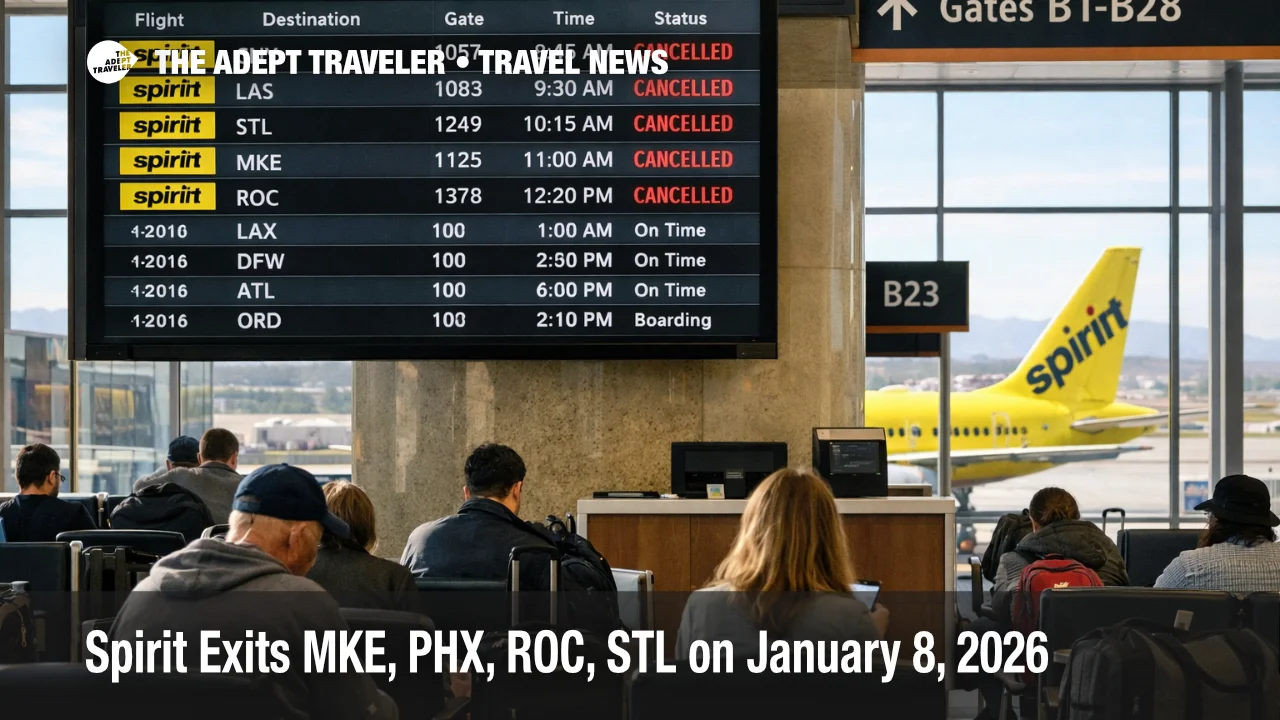 Phoenix Sky Harbor departures board shows canceled Spirit flights as Spirit exits four airports on January 8, 2026.