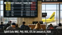 Phoenix Sky Harbor departures board shows canceled Spirit flights as Spirit exits four airports on January 8, 2026.
