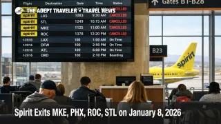 Phoenix Sky Harbor departures board shows canceled Spirit flights as Spirit exits four airports on January 8, 2026.