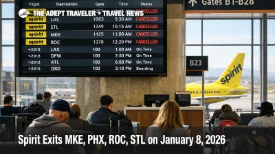 Phoenix Sky Harbor departures board shows canceled Spirit flights as Spirit exits four airports on January 8, 2026.
