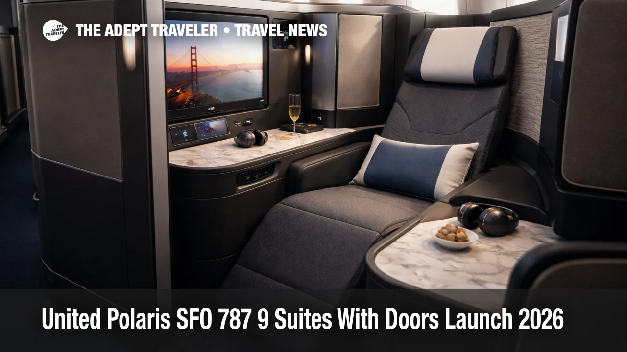 United Polaris suites 2026, 787 9 seat with privacy door and big screen for planning SFO long haul flights