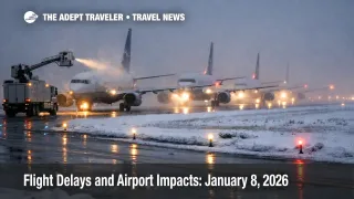 US flight delays January 8, 2026, planes queue on a snowy taxiway as low ceilings and winter weather slow departures