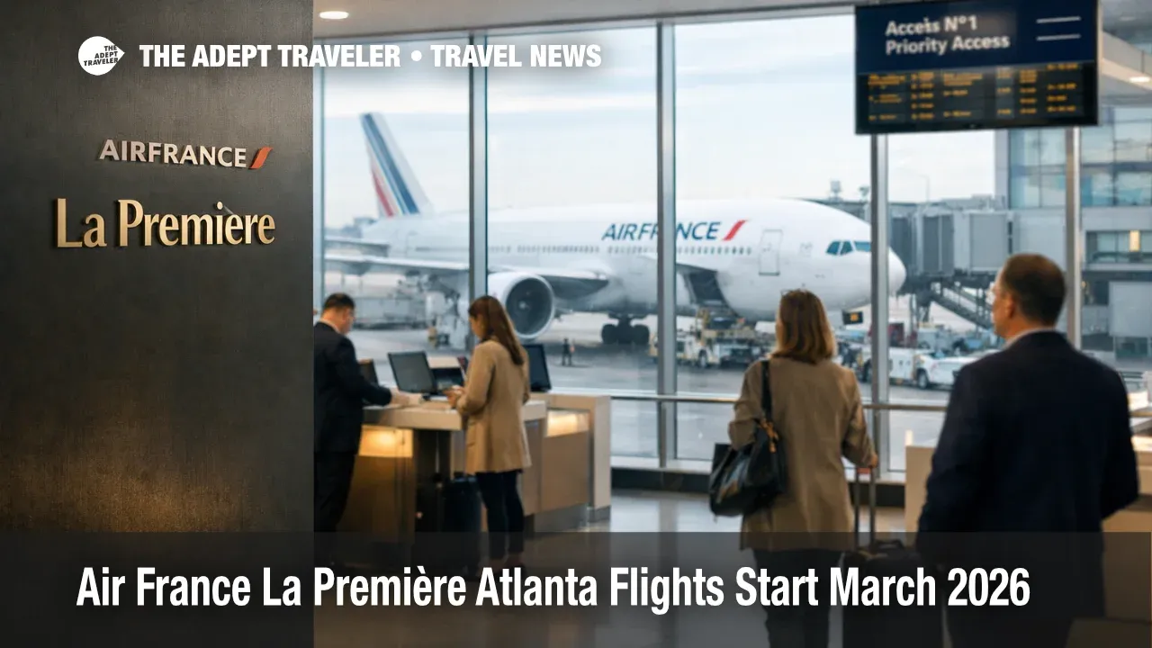 Air France La Première Atlanta flights, traveler views 777-300ER at Paris CDG gate ahead of March 2026 start