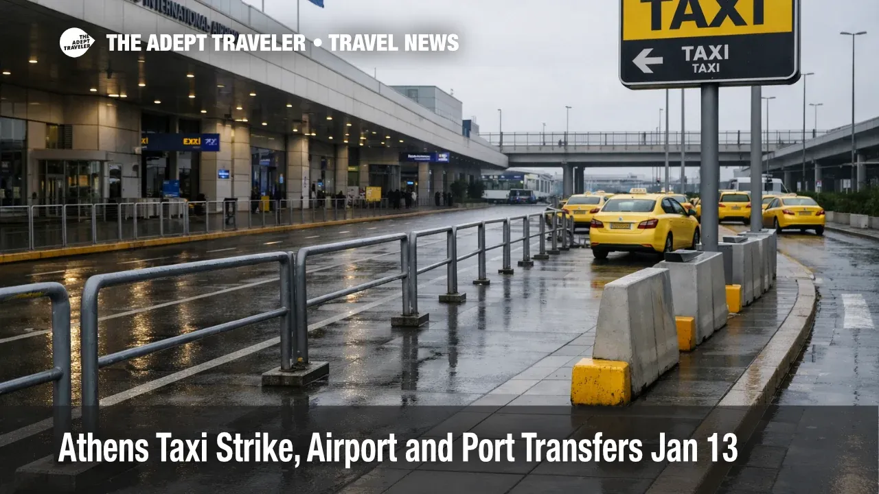 Athens taxi strike airport transfers, empty taxi rank at ATH, signaling disruption for city and Piraeus trips