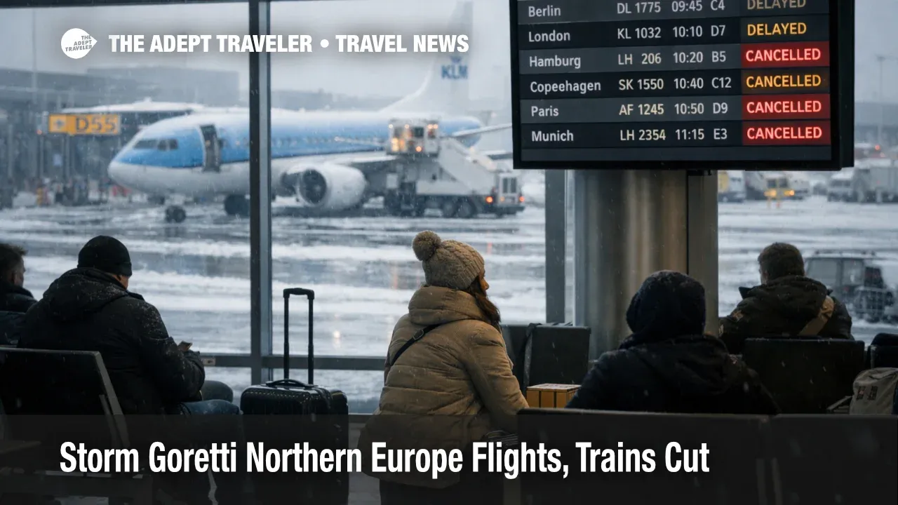 Storm Goretti Europe flights disruption at Schiphol shows cancellations on a departures board and snow outside