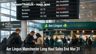 Aer Lingus Manchester transatlantic flights sale halt shown on a departures board, with travelers planning reroutes