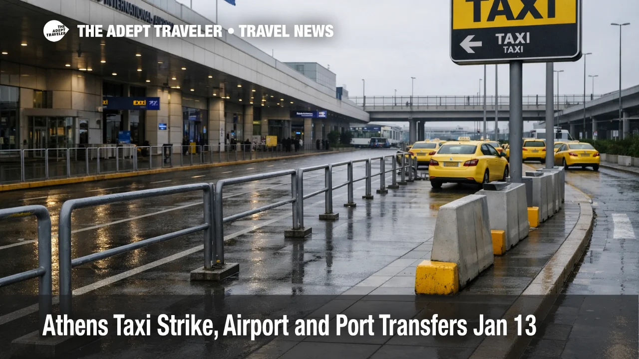 Athens taxi strike airport transfers, empty taxi rank at ATH, signaling disruption for city and Piraeus trips
