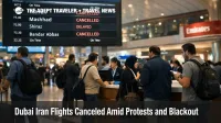 Dubai Iran flights canceled, travelers watch DXB departures board showing Tehran and Mashhad cancellations